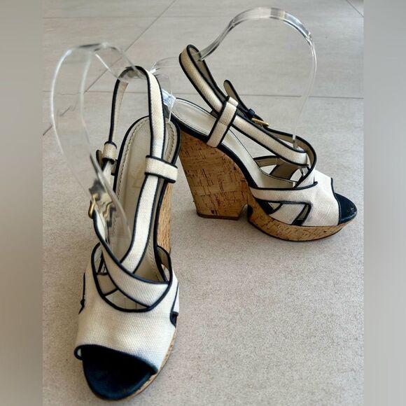Yves Saint Laurent White/Navy Blue Canvas Deauville Cork Wedge Sandals Size 39 - Picture 2 of 10